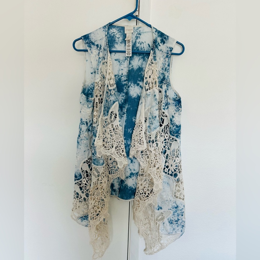 Chico's Long Open Front Vest Women Blue Tie Dye Lace Embroidery Sleeveless Siz 2